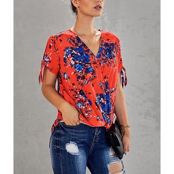 Red Floral Tie-Sleeve Surplice Top - Picture 3 of 5